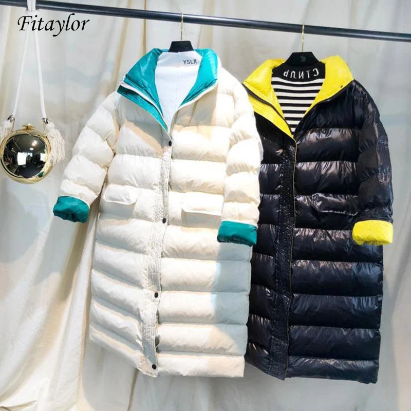 Fitaylor, Женское зимнее длинное пальто, ультра-светильник, белый утиный пух, куртка для женщин, тонкий пуховик, ветронепроницаемый пуховик
