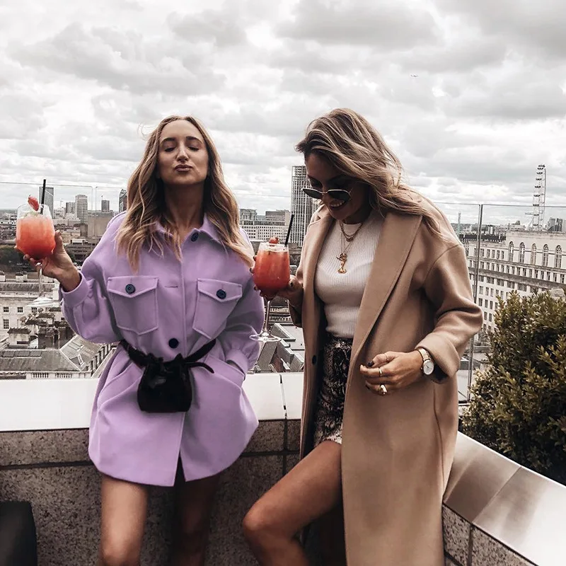 Осень-зима модная фиолетовая куртка пальто для женщин 2019 Ins хит однобортная с