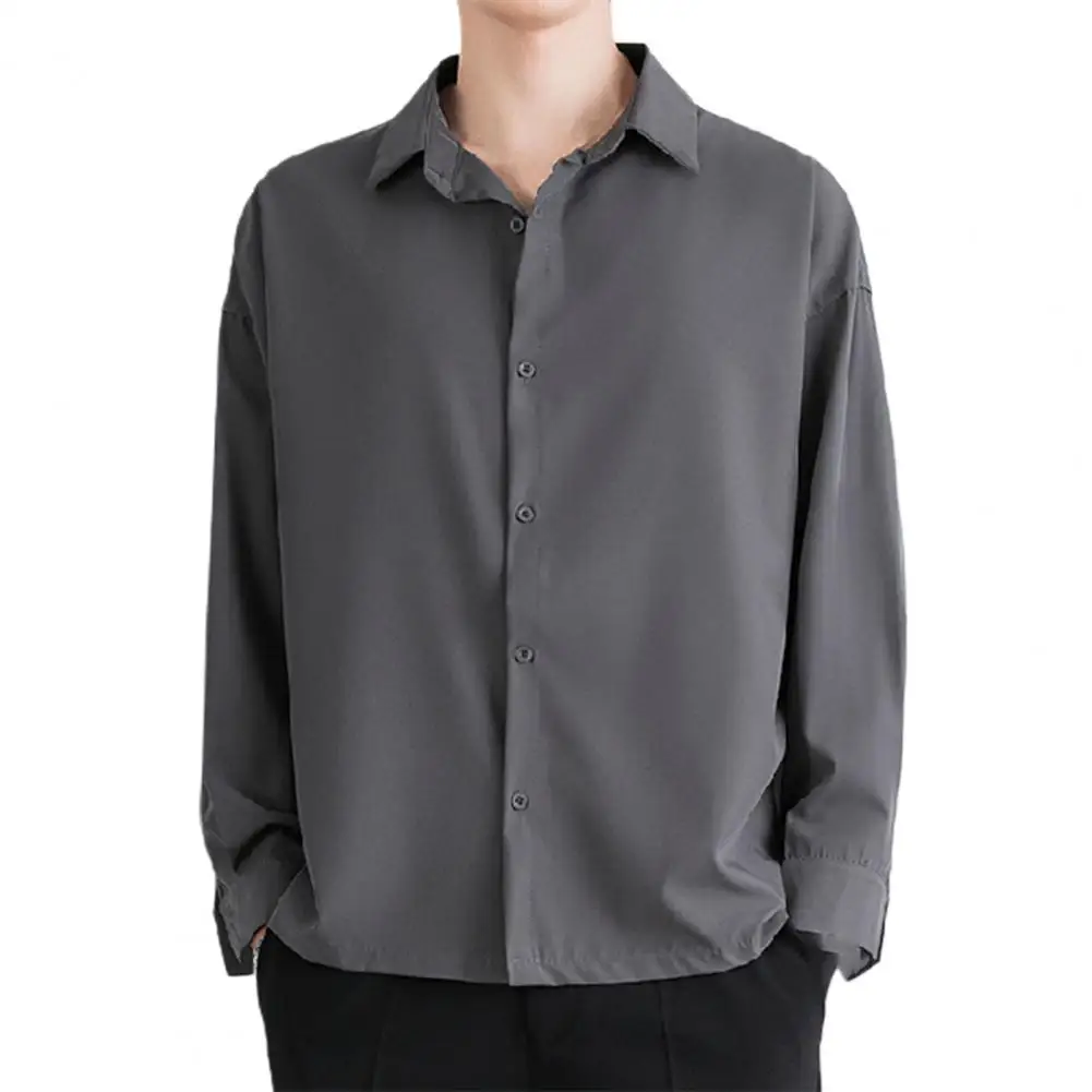 

Summer Shirt Comfortable Long Sleeve Casual Shirt Turn-down Collar Soft Buttons Closure Solid Color Men Shirt Top for Daily Wear