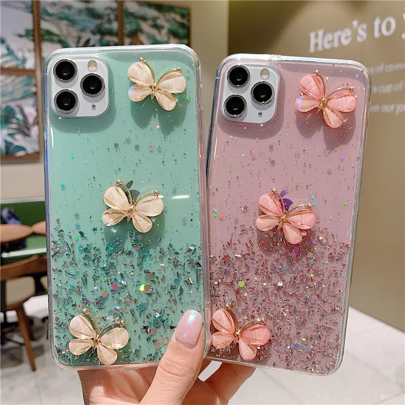 Bling Glitter Butterfly Soft Case For OPPO Realme 7 Pro Case Realme7 Pro Realme 5 6 Pro C11 C15 C17 A37 Clear Silicon Case Cover