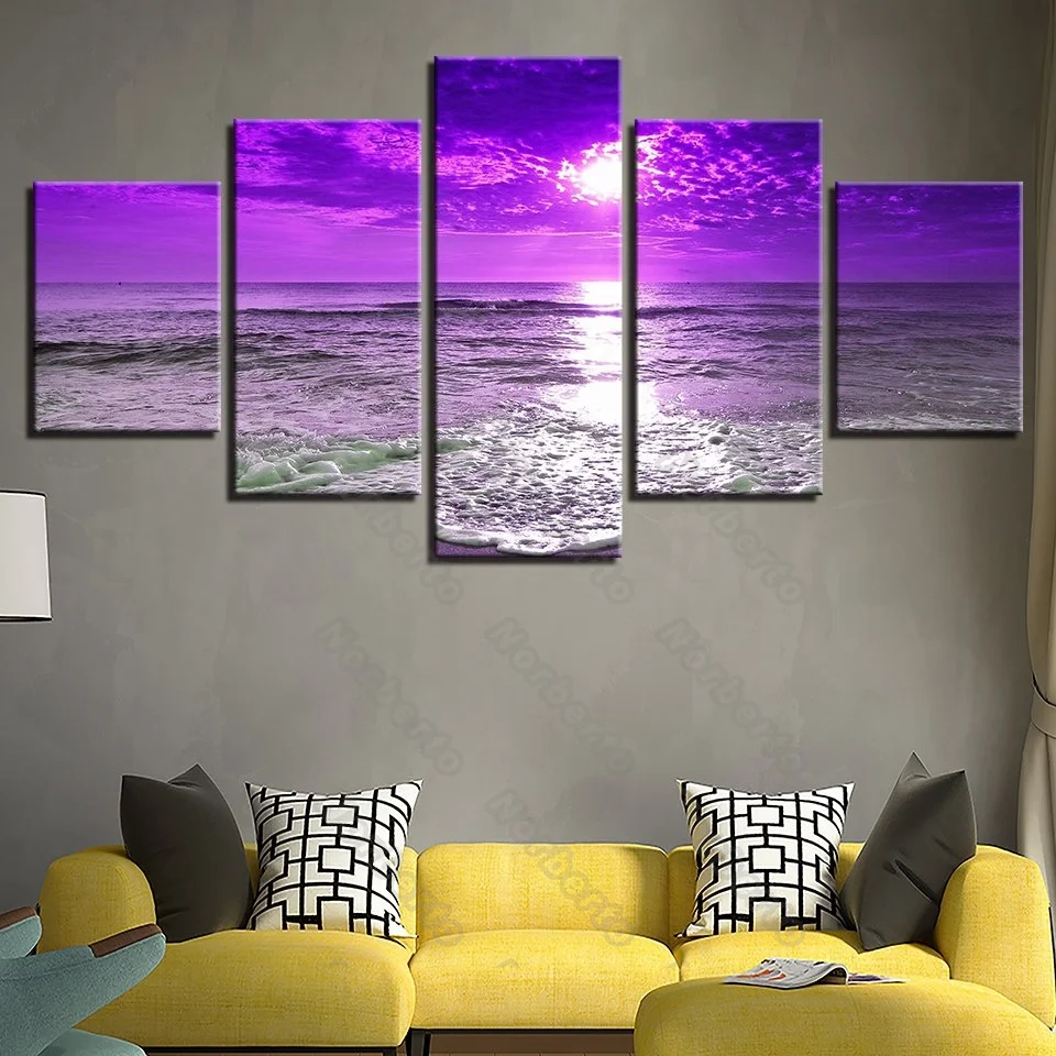 

5 Pieces Canvas Painting Wall Poster Natural Landscape Purple Sunset and Sparking Waves On The River for Home Rooms Wall Decorat