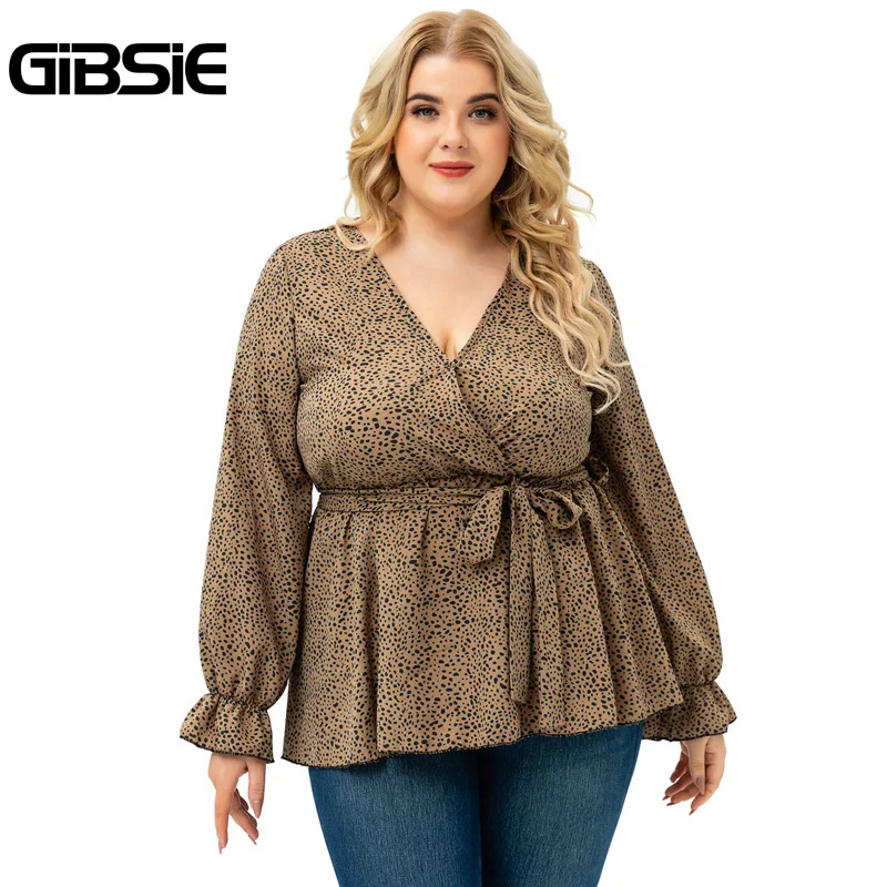 Женская блузка с длинным рукавом глубоким V-образным вырезом и поясом |