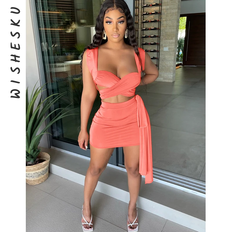 

Two Piece Set Women Ruched Sexy Straps Crop Top + Bandage Wrap Hip Mini Skirt Outfits 2021 Summer New Fashion Elegant Vacation