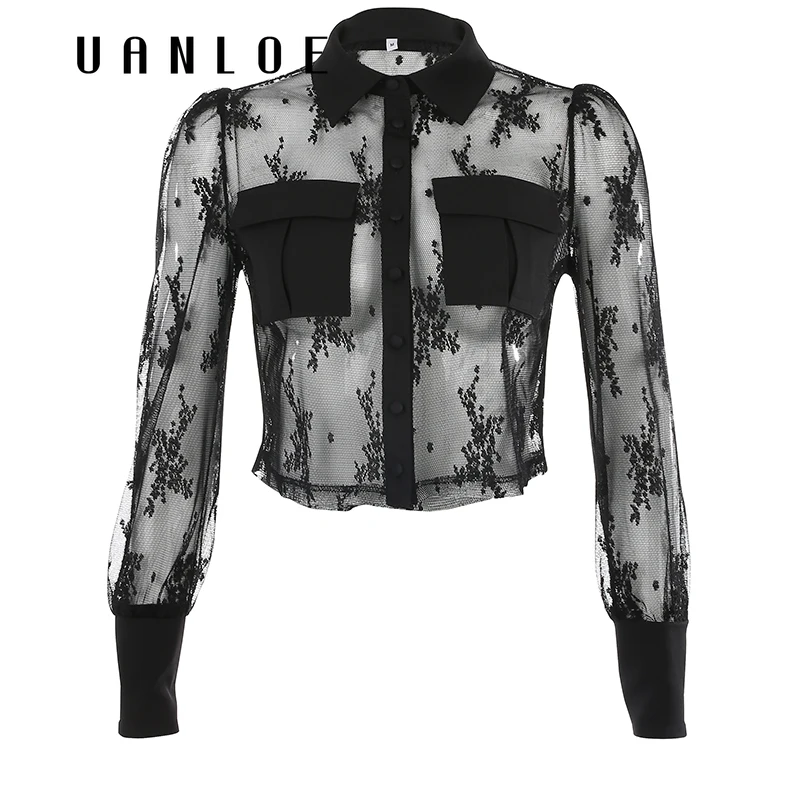 

Sexy See Through Turn Down Collar Long Sleeve t shirt Women Black Party Clubwear Tee Shirt Femme Crop Top