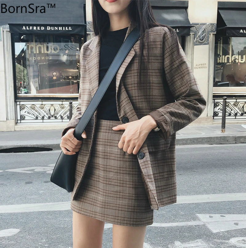 BornSra в ретро стиле клетчатый Блейзер комплект Однобортный пиджак и юбка карандаш