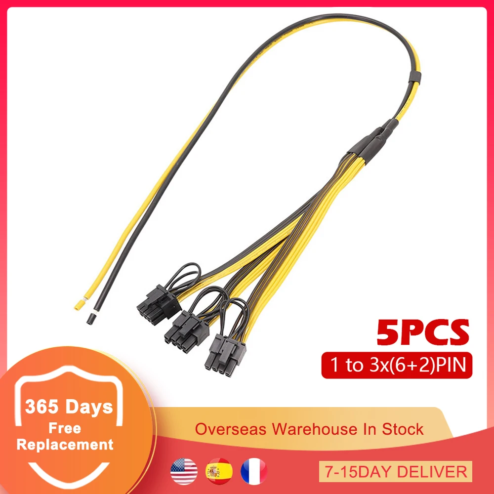 5Pcs 70cm Mining Power Supply Cable 1 to 3 8 Pin 6+2 Pin Graphics Card PCI-E BTC ETH Miner Cable Cord Splitter 12AWG 18AWG