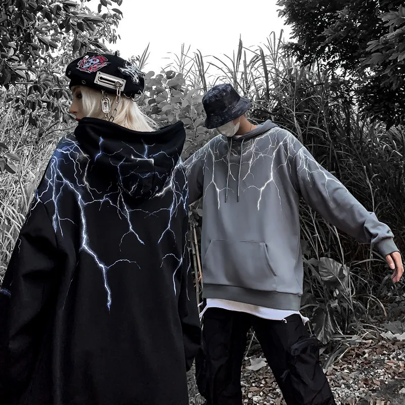 

Hip Hop Full Shoulder Lightning Printed Man Hoodies Sweatshirt Harajuku Streetwear Hooded Pullover Autumn Fleece Hoodies Women