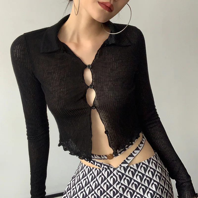 

ZTONE 2021 Y2k Top Women Vest Long Sleeve Autumn Soild Bts Cardigan Streetwear Women's Sweater Hollow Out Knitwear