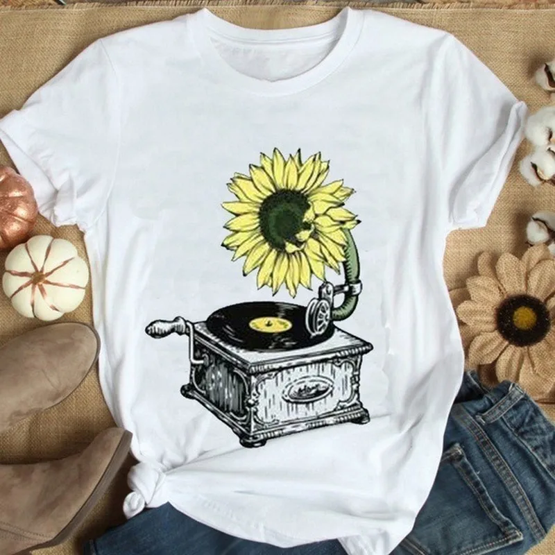 

Sunflower Phonograph Print T Shirt Women Short Sleeve O Neck Loose Tshirt Summer Women Tee Shirt Tops Camisetas Mujer