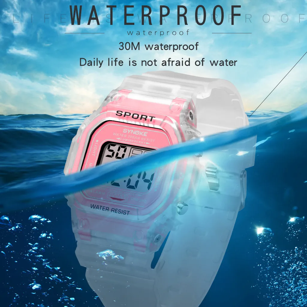 Модные спортивные часы женские и мужские цифровые розовые прозрачные будильник