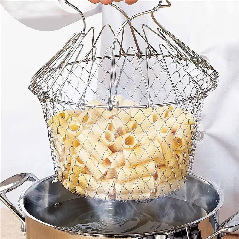 

1pcs Foldable Steam Rinse Strain Fry French Chef Basket Magic Basket Mesh Basket Strainer Net Kitchen Cooking Tool Drop Shipping