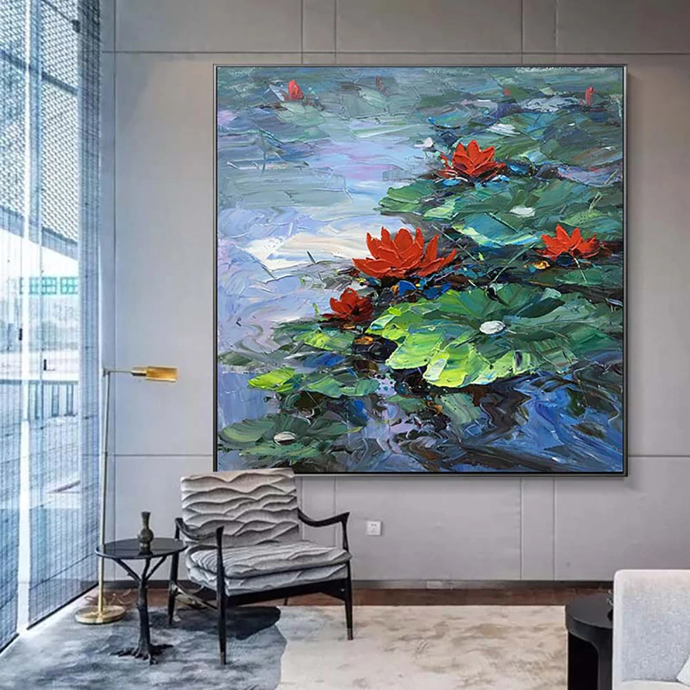 

Home Decorative Painting Flower Hand Painted Wall Art Thick Oil Canvas Painting Abstract Lotus Pictures for Living Room No Frame