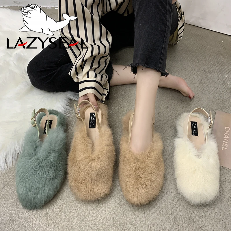 LazySeal/Теплые Зимние Повседневные тапочки с натуральным животным мехом; женская обувь; женские шлепанцы; меховые пушистые тапочки; женская теплая обувь