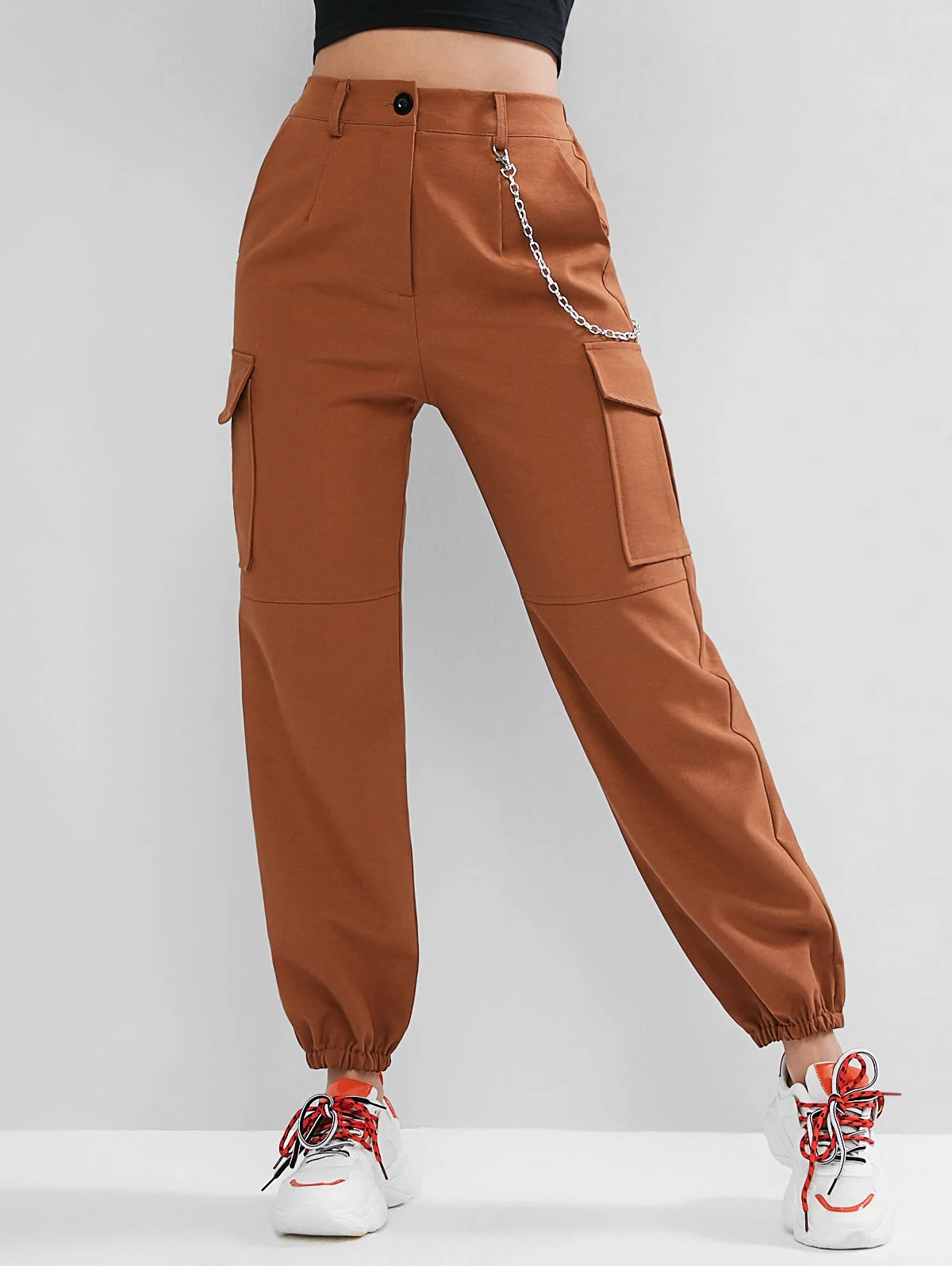 Light Brown ZAFUL штаны для бега с цепочкой и карманами, высокая талия, одноцветные женские штаны с высокой талией, Осенние уличные штаны, популярные штаны - Цвет: Light Brown