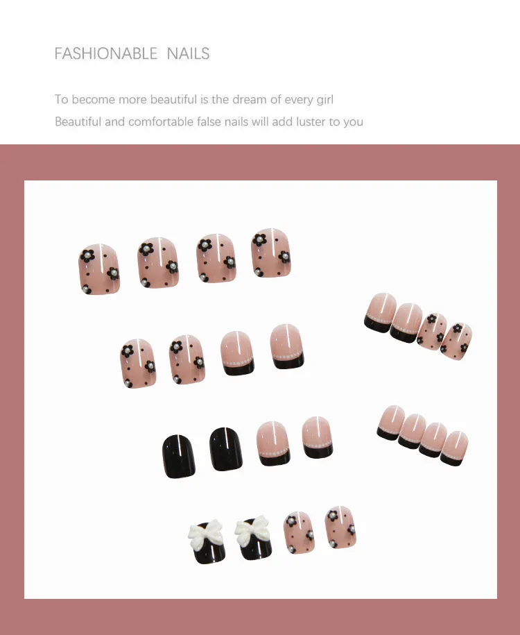 

24pcs False Nails Press On With Designs Bow Pearl Black Flower Printed Type Short Style Fashion Manicure Fake Nails With Glue Dl
