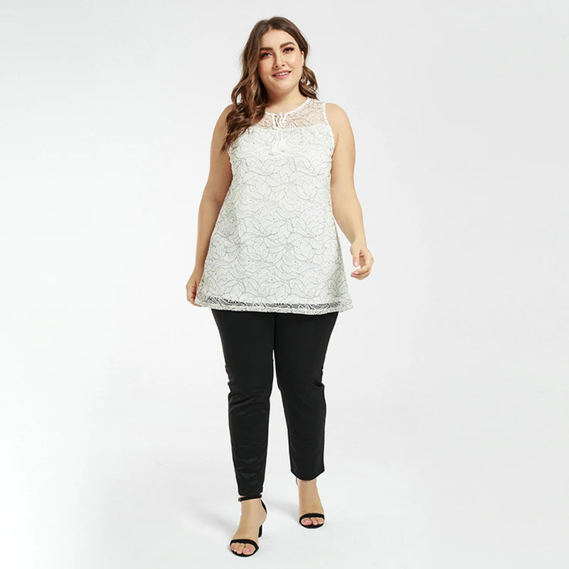 Plus Size Chiffon Blouse Clothes 2021 Women Lace Stitching Sexy Sleeveless Urban Casual Top Solid Color Pattern Loose Round Neck