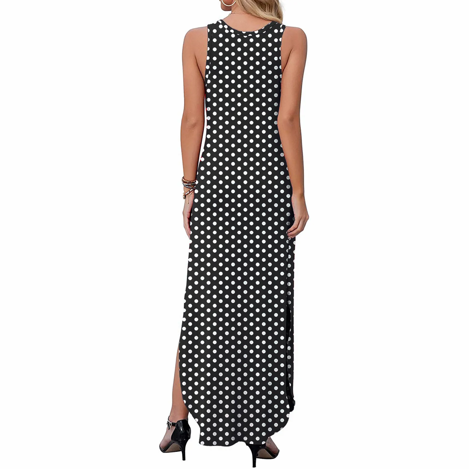 

Women's Maxi Dress Summer Fashion Sleeveless O-Neck Dot print Long Dress With Pocket Ladies Casual Slim Dresses Vestidos