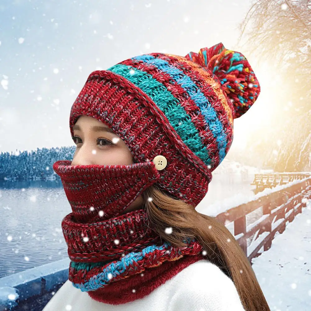 

3PCS/Set Women Winter Beanies Velvet Thick Bib Mask Ear Protector Skullies Beanie Hat Riding Hat Female Warm Knitted Wool Cap