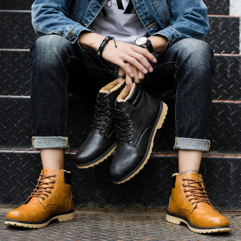 Мужские ботинки из ПУ кожи Короткие Плюшевые водонепроницаемые ботильоны