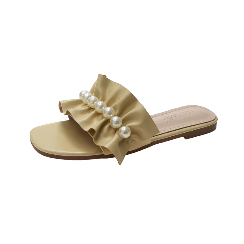 

Sweet Open Toe Fairy Slippers Comfortable Slip-on Sandals Beach Slides 2021 Summmer Elegant Ruffles Pearl Flats Slippers Women