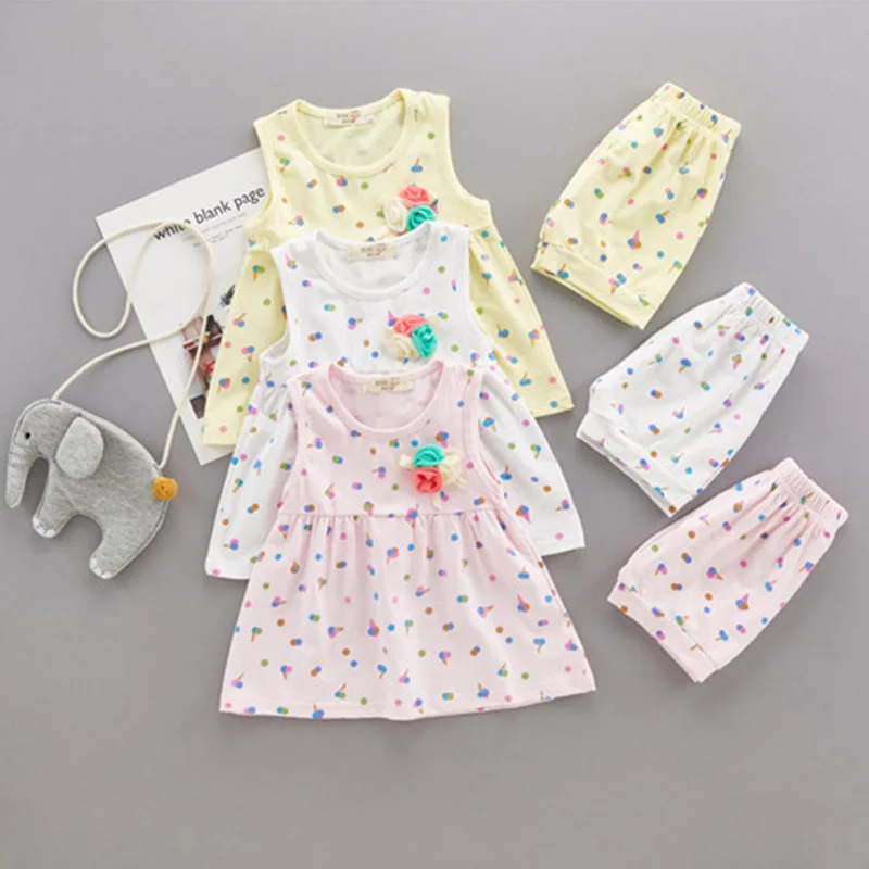 Комплект летней одежды для девочек Детский костюм белое платье без рукавов +