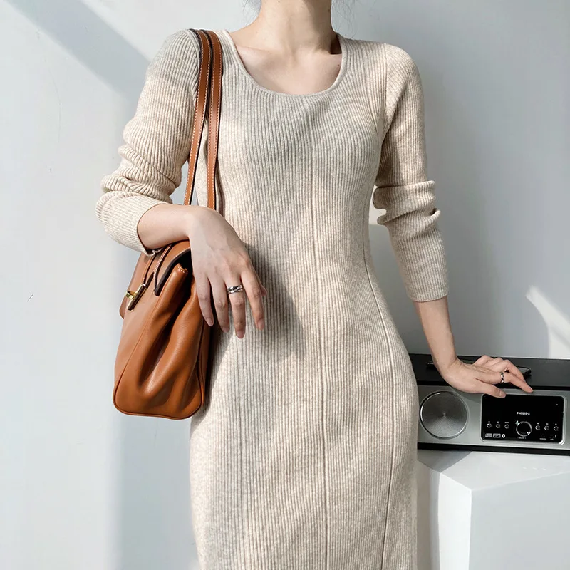 

Осенне-зимнее трикотажное платье с U-образным вырезом для женщин, однотонное облегающее прямое элегантное женское платье-свитер средней дл...