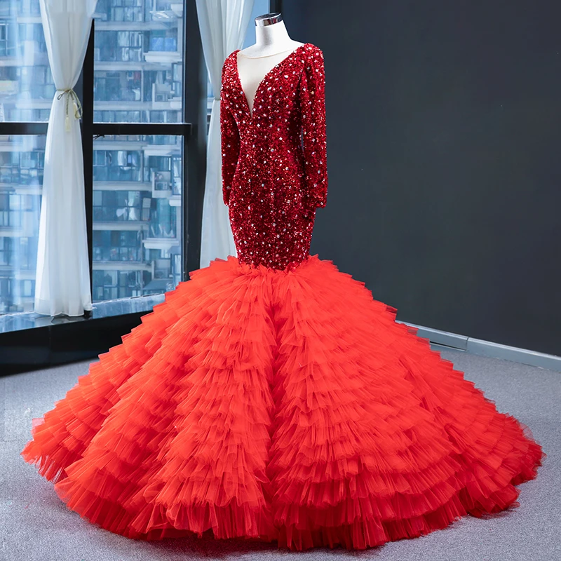 Вечернее платье с юбкой годе J67003 Длинное Красное Кружевное со шлейфом блестками