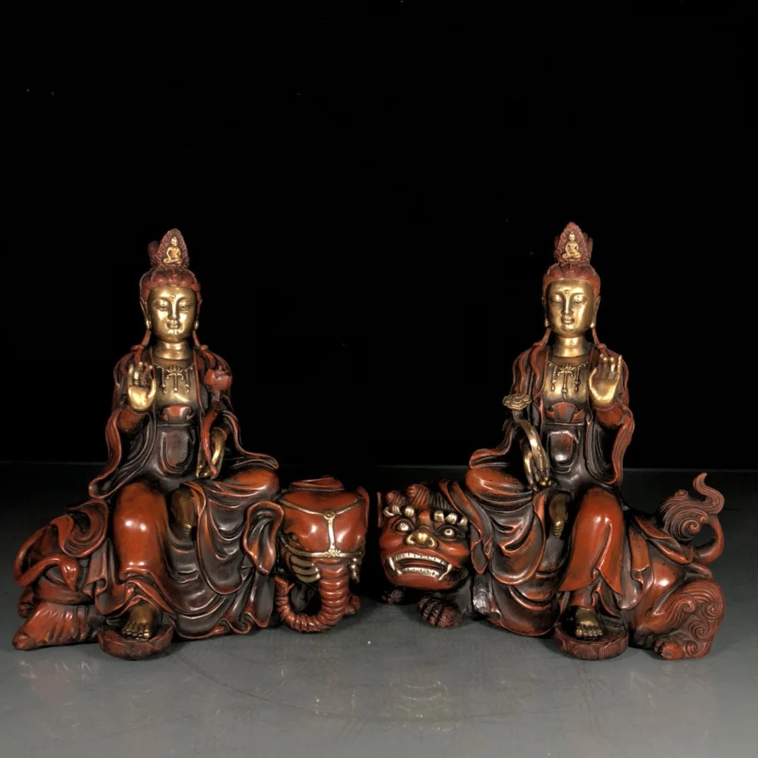 

9" Tibet Buddhism Old Bronze Gilt Real gold silver Manjushri Samantabhadra Guanyin Bodhisattva statue A pair Avalokitesvara