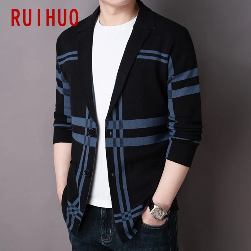 

RUIHUO Striped Cardigan Men Sweater Fashion Knitted Sweater Men Clothing Harajuku Mens Jumpers Sweaters M-3XL 2021 Autumn New
