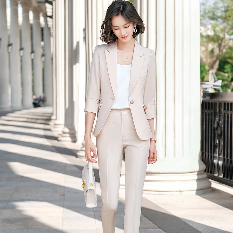 

Formal Uniform Designs Business Suits Elegant Beige for Women Career Interview OL Styles Professional Blazers Pants Suits Summer