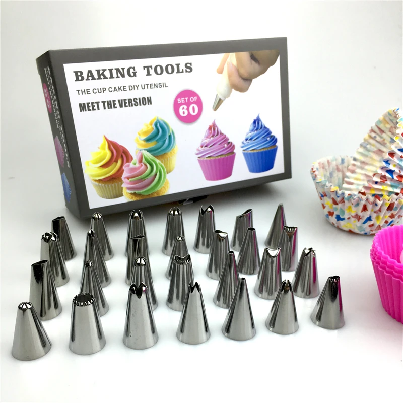 

60PCS Cake Nozzles Kit Stainless Steel Tool Set Icing Piping DIY Household Baking Tools Reusable Pastry Bags Cake Decorating