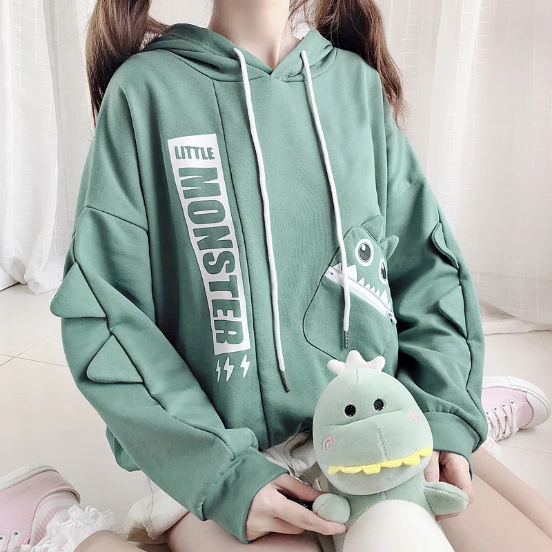 Корейский Харадзюку милые маленькие монстры шаблон с капюшоном длинным рукавом