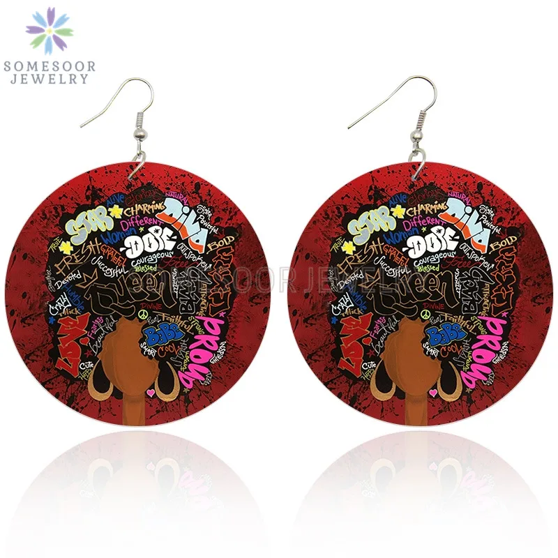 

SOMESOOR Afro Queen Graffiti Art Hoops African Wooden Drop Earrings Black Poppin Diva Dope Natural Hair Design For Women Gifts