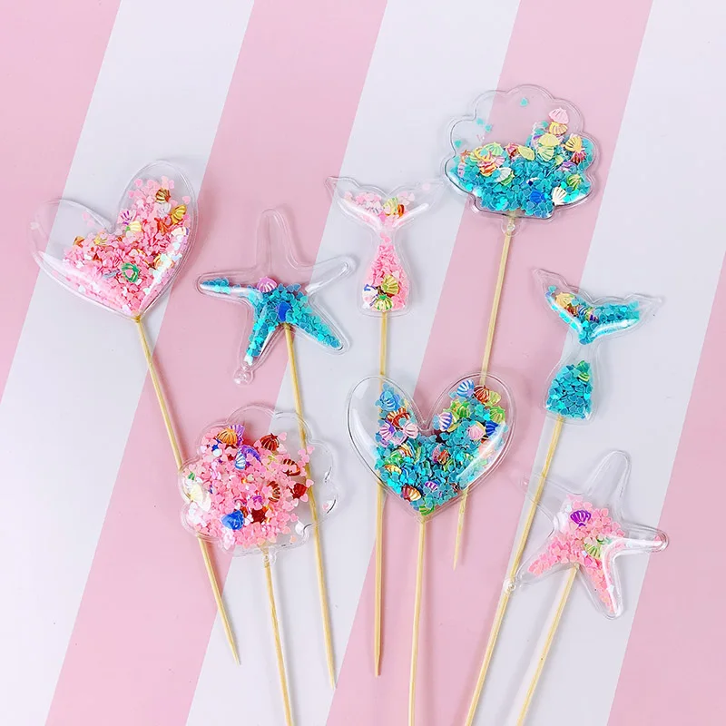 Transparent Confetti Love Heart Star Crown Mermaid Tail Cloud Shape Cup Cake Topper Valentine Children's Day Party Decorations