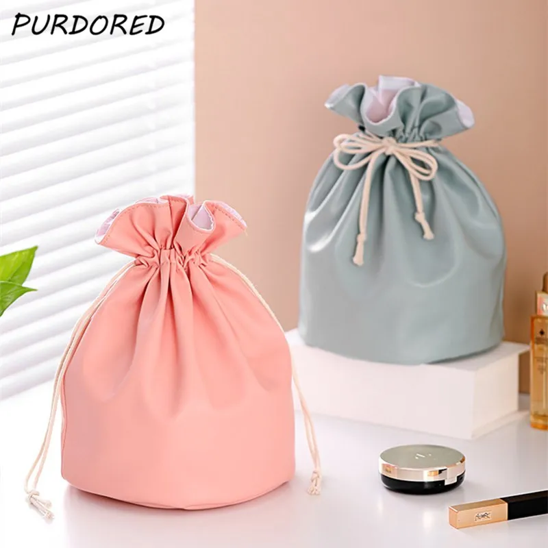 

PURDORED 1 Pc women drawstring makeup bag PU leather waterproof cosmetic bag travel large Female Make Up Pouch Necessaries