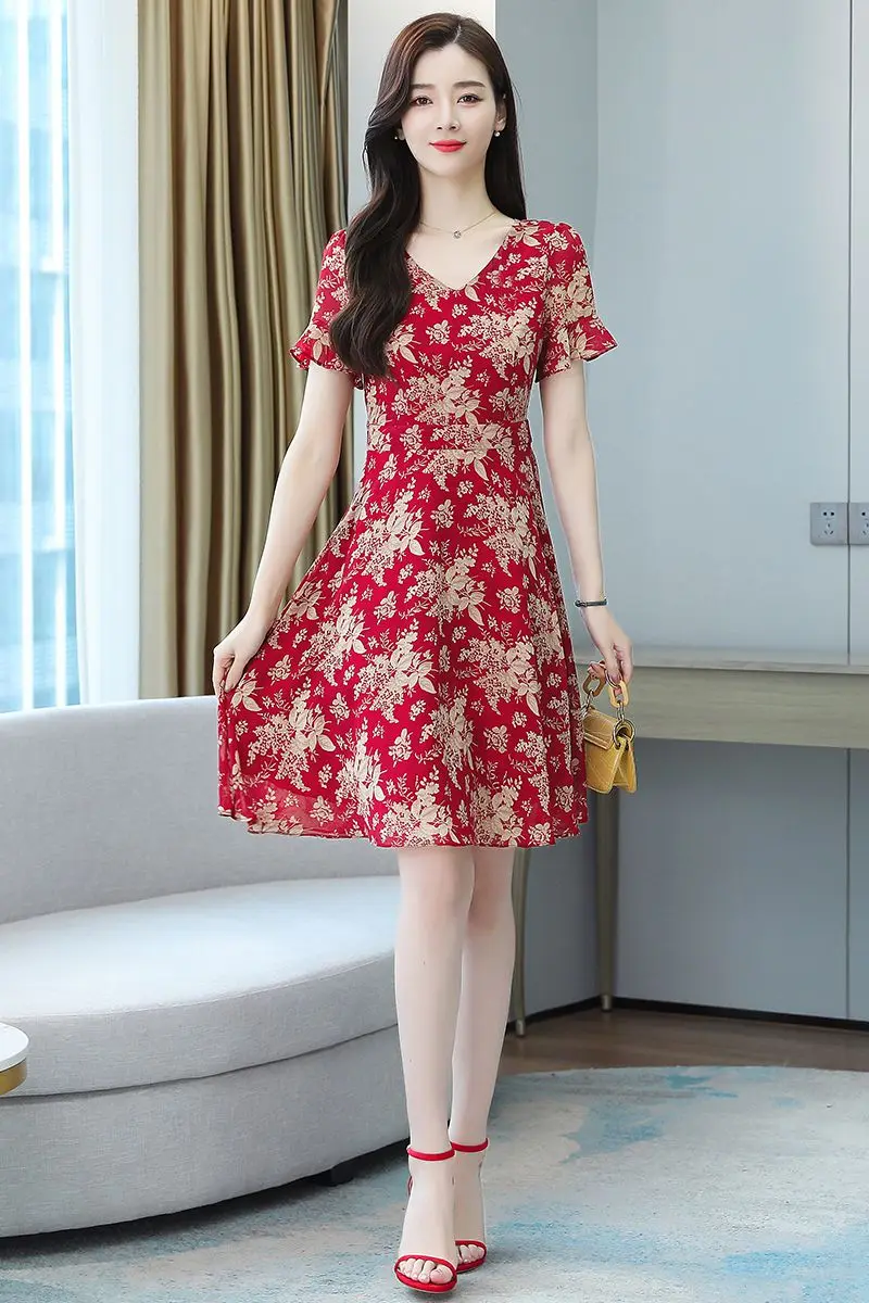 

COIGARSAM 4XL Plus Size Floral Print Women dress New Summer Spring Chiffon Dresses Red 8553
