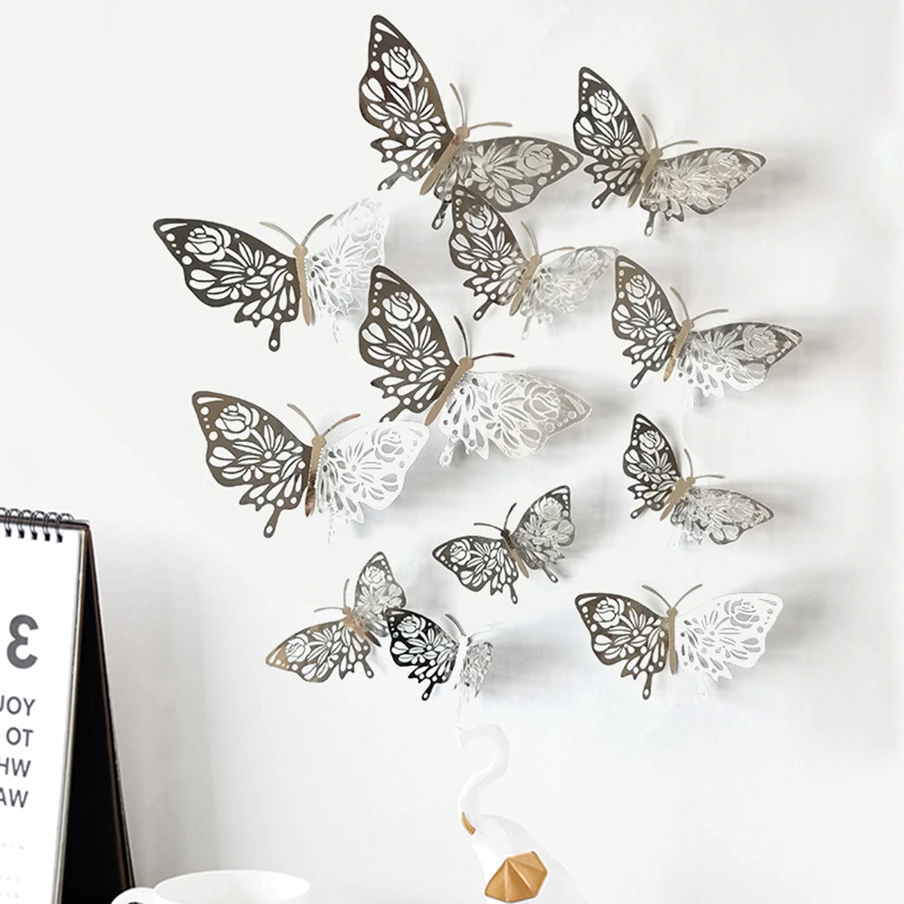

12pcs 3D Hollow Butterfly Sticker Rose Flower Art Wall Mural Room Door Decals Home Decor Birthday Wedding Party Decor