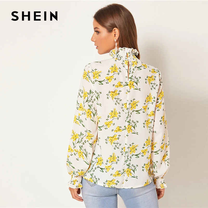 SHEIN/белая блузка с цветочным принтом и оборка, с вырезом на спине, топ, Женская весенне-осенняя Повседневная блуза с длинным рукавом с принтом «Бишоп», abaya