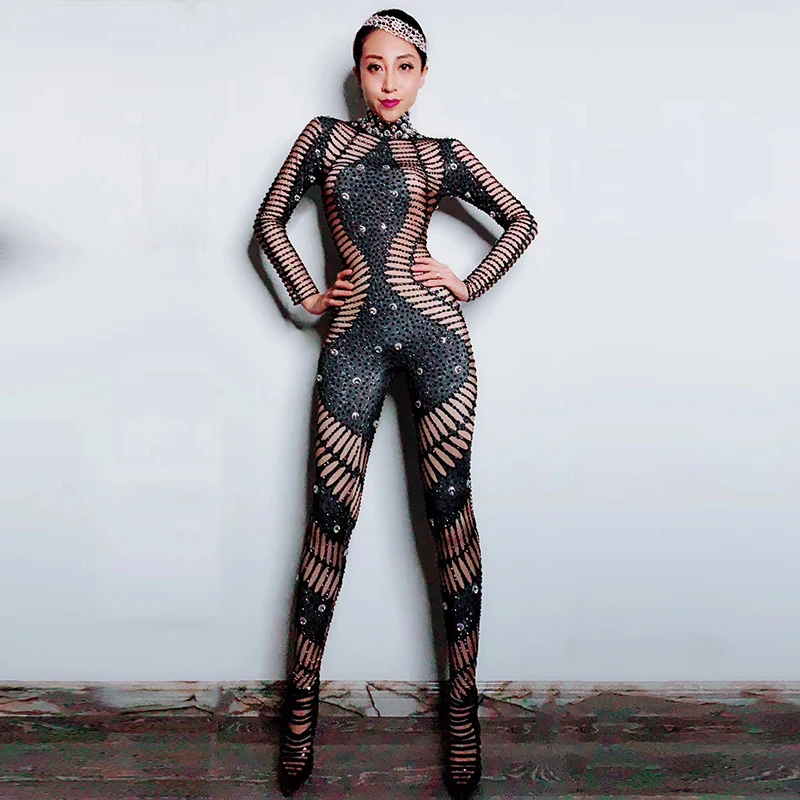 

Unique design black false hollow rhinestone onesie nightclub bar concert DJ singer/dancer costume