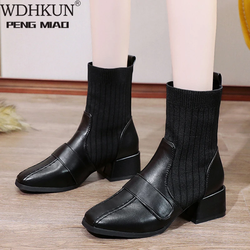 

Осенняя новая классическая британская обувь, Вязаные носочки, ботинки на низком каблуке, винтажная модель 2021, ботинки для женщин
