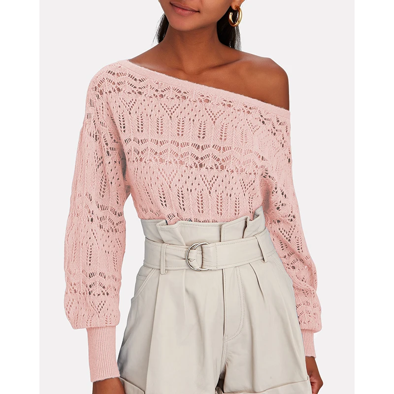 

Sexy Sweaters Off Shoulder Hollow Full Sleeve Thin Knitted Pullovers Women Spring Autumn Elegant Pink Knitwear Female 2021