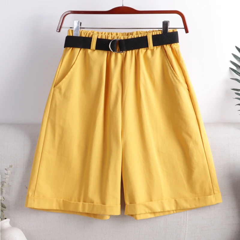 

2021 Summer New Solid Color Belt Knee Length Pants Large Pocket High Waist Straight Capris Slim Casual Sashes Loose Pants Women