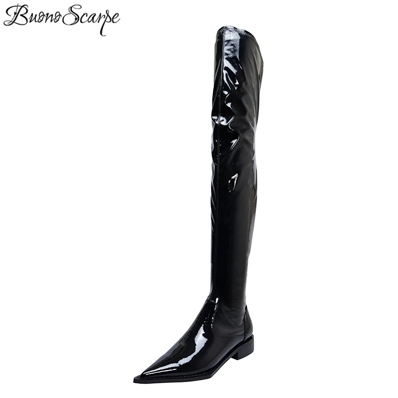 

Buono Scarpe Patent Leather Pointy Thigh High Boots Women Over The Knee Long Boots Slim Prom Knight Botas Mujer Pleated Shoes