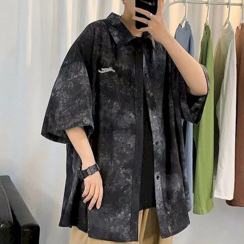 

Short-sleeved Shirt Women Men Shirts Couple Blouse Plus Size Tie-dye Embroidery Semi-tide Fat Loose Summer Clothes Street Retro