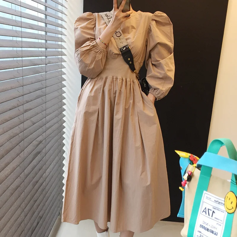 

Puff Sleeve Solid Long Dress Women High Waist Slimming Over Knee Dress Ladies Retro Long Sleeve Waist Dresses Woman 2021