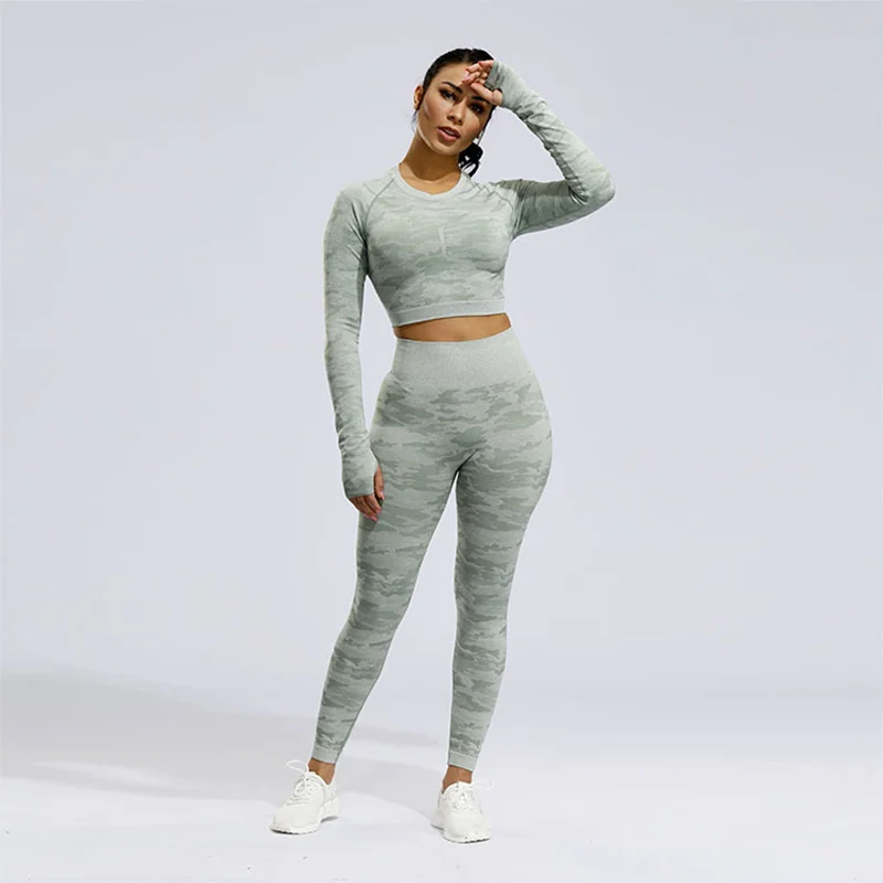 Green 2pcs Спортивная одежда, одежда для тренировок для женщин, комплекты для тренажерного зала, женские бесшовные леггинсы из 2 частей для йоги, фитнеса, спортивный костюм, спортивная одежда - Цвет: Green 2pcs