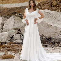 sexy v neck wedding dress 2021 long sleeves sweep train bridal gown lace up back chiffon vestido de noiva new style for women