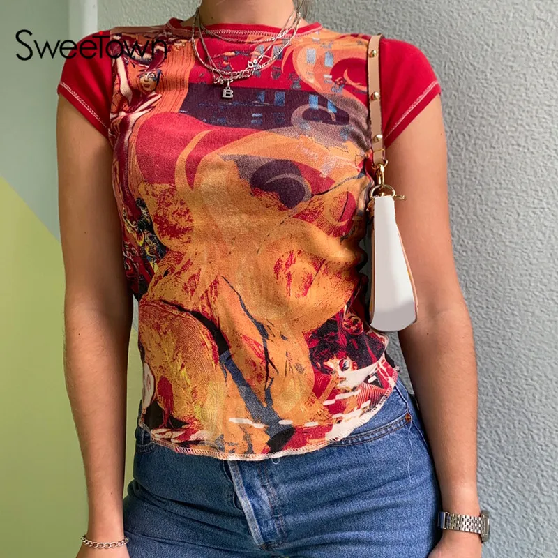 Sweetown Retro Print Patchwork T-Shirts Vintage Aesthetic Girl Techwear O Neck Short Sleeve Summer Tops Women Basic Tees