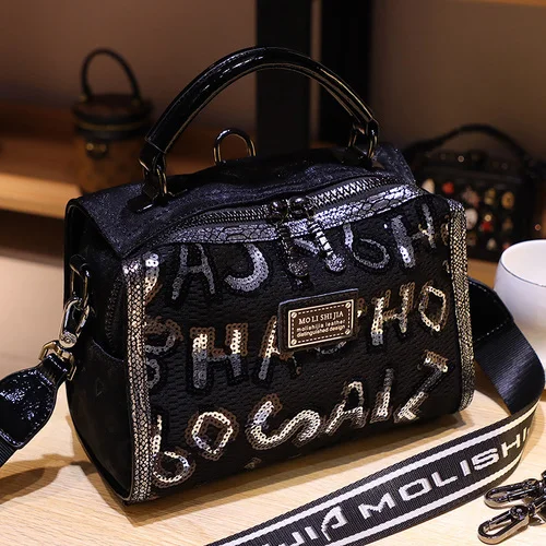 

Black Tote Bags for Women Sequines Letter Print Purses and Handbags Luxury Designer Shoulder Crossbody Sac