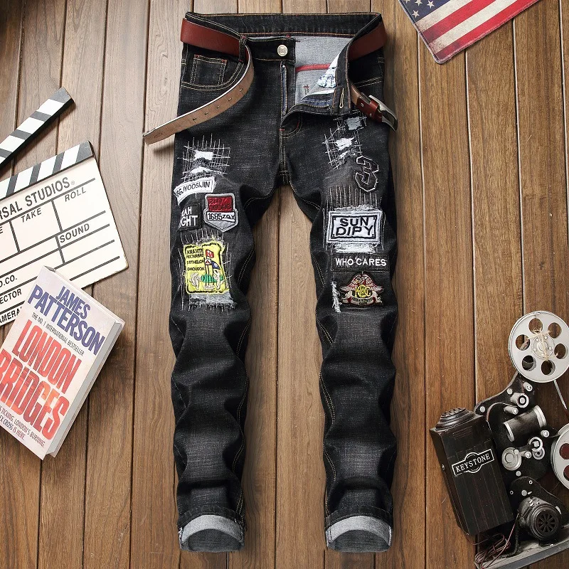 2019 осень зима мужские облегающие джинсы Лоскутные рваные стрейч с вышивкой